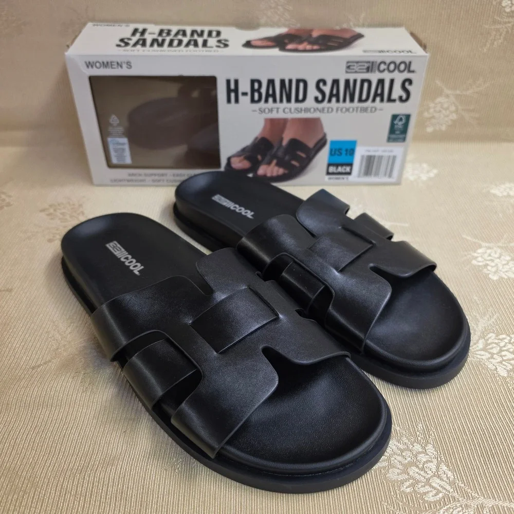 32 Degrees Cool Women H-Band Sandals Black Soft Cushioned Footbed Slides Size 10